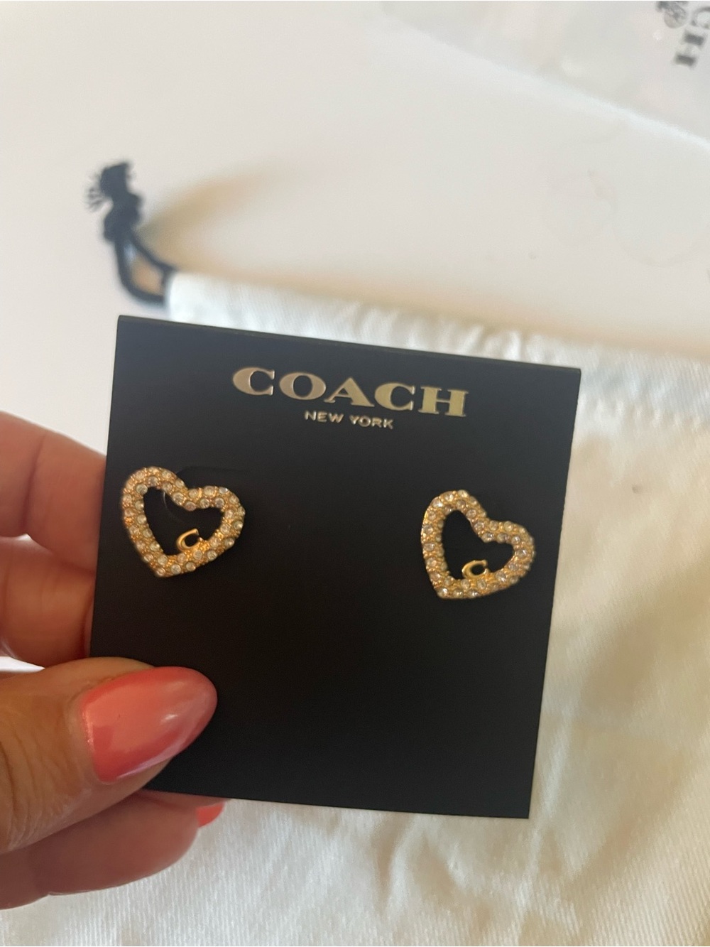 Coach Gold Crystal Heart Stud Earrings - Picture 2 of 3